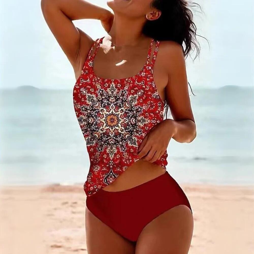 Two‑piece women’s tankini set featuring a sleeveless spaghetti‑strap top and high‑waisted bottoms, displayed in a solid color on a white background.