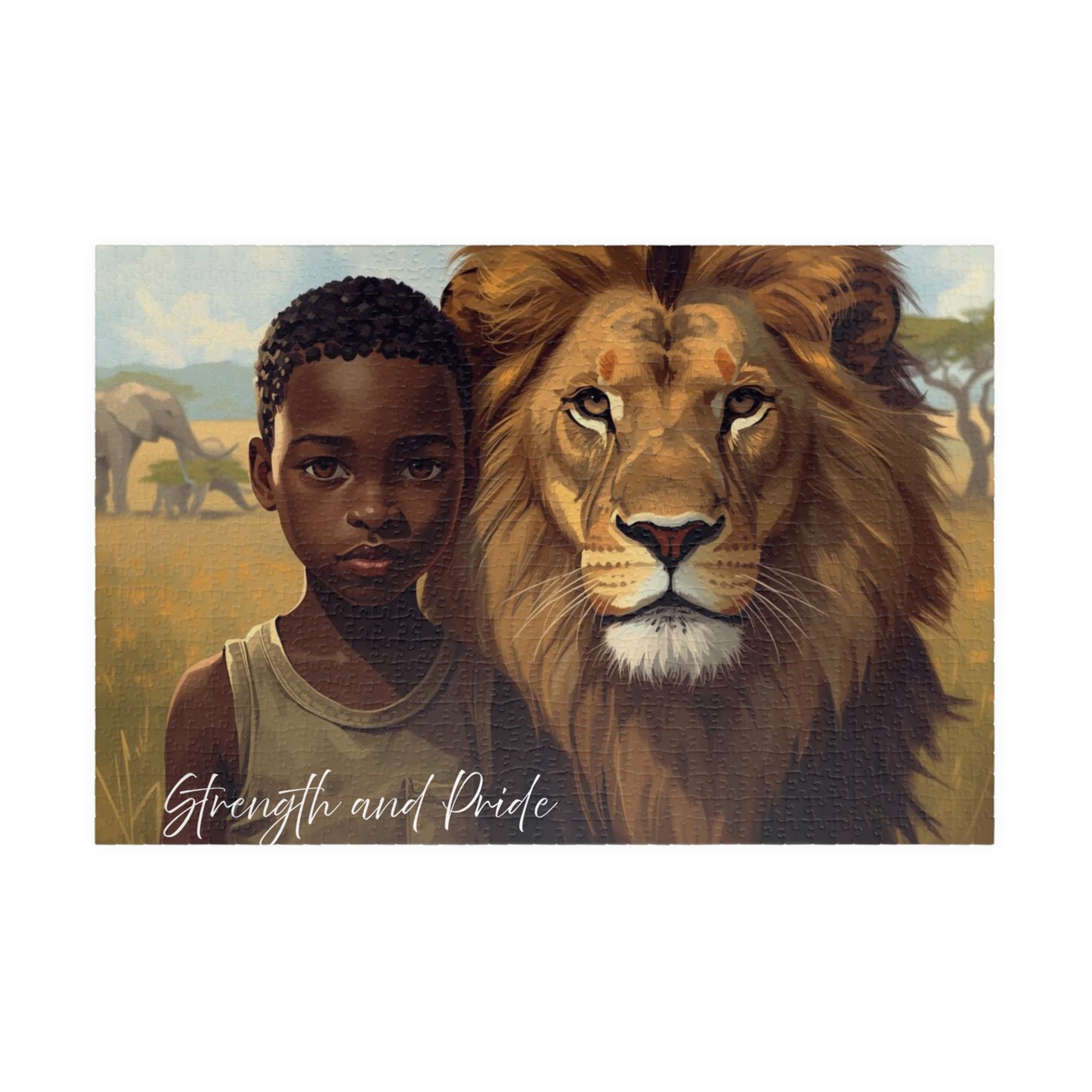 Illustration of a young boy standing next to a lion with 'Strength and Pride' text.
