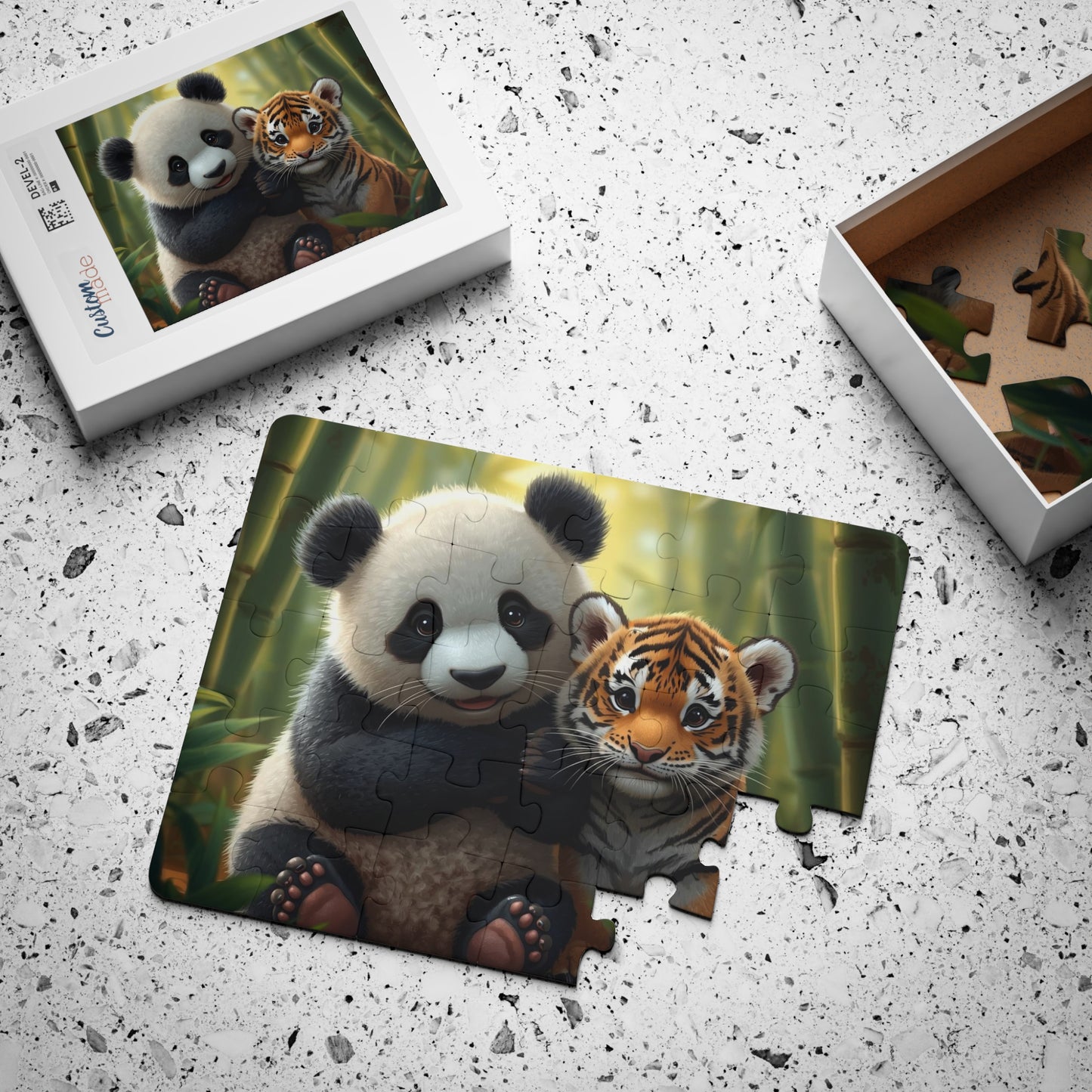 Panda and tiger puzzle on a textured surface with packaging in the background