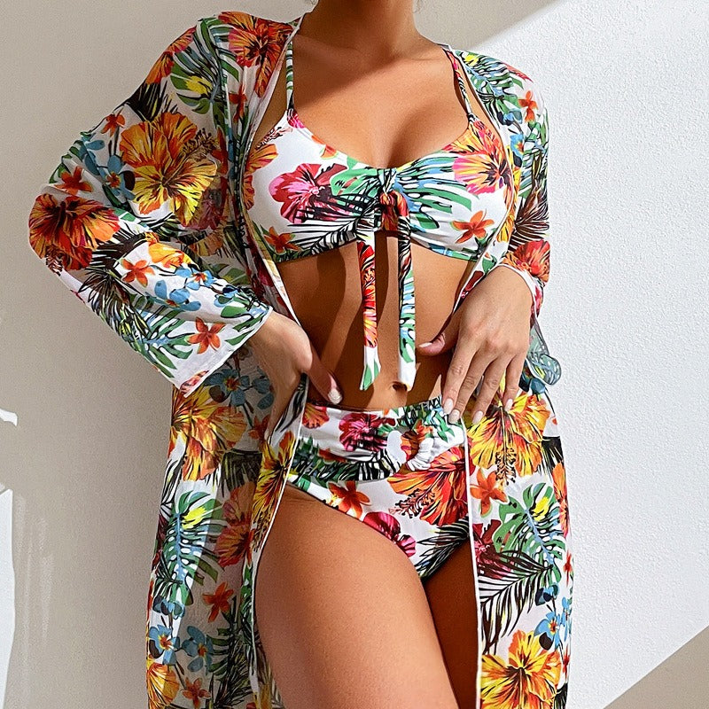 Long sleeve cover up three‑piece printed swimwear set