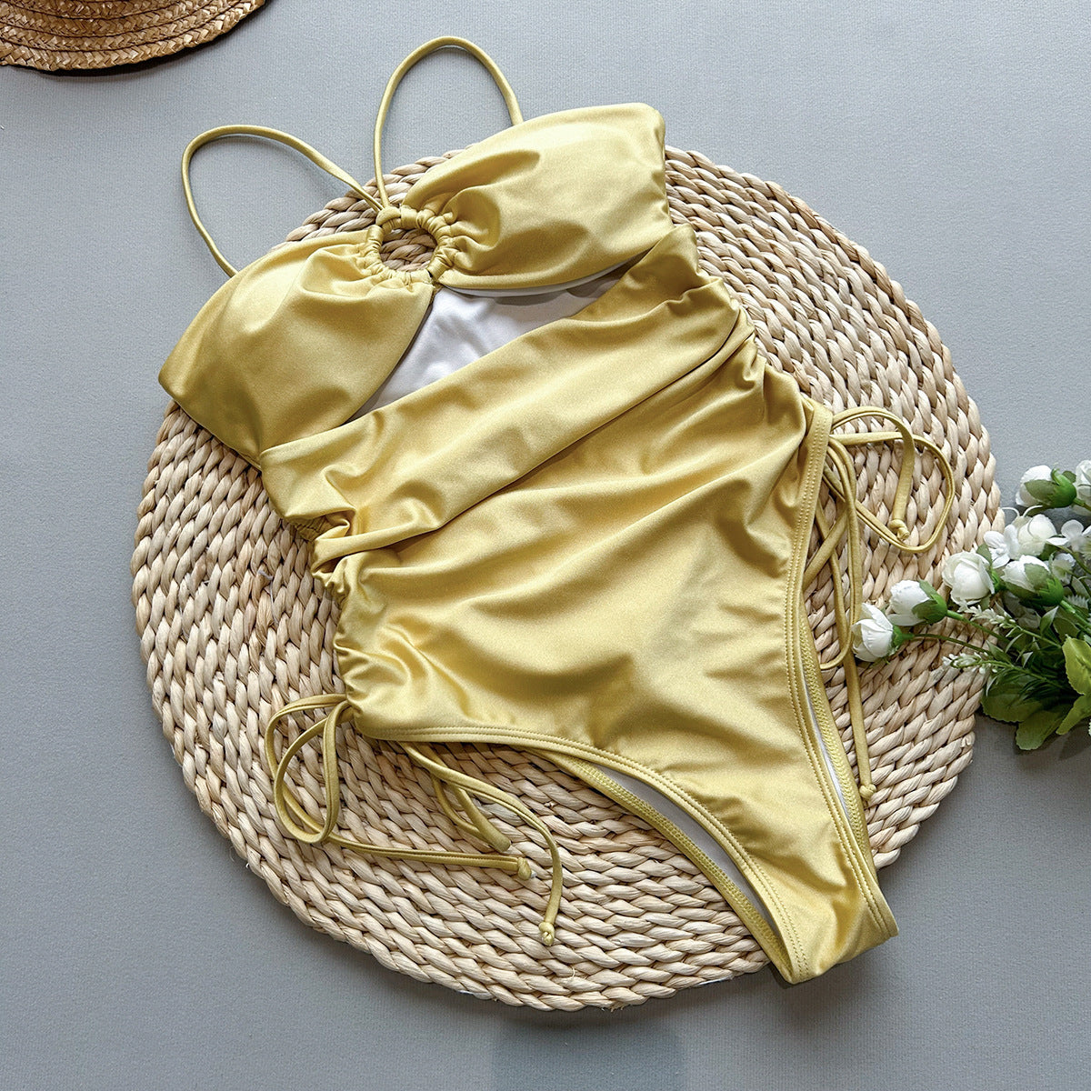 Slim Maddie one‑piece swimsuit in solid C4167 Yellow; nylon‑spandex fabric with padded bra (no steel ring), no underwire, highly stretchy—ideal for fitness, body shaping, hiking, and water sports. 