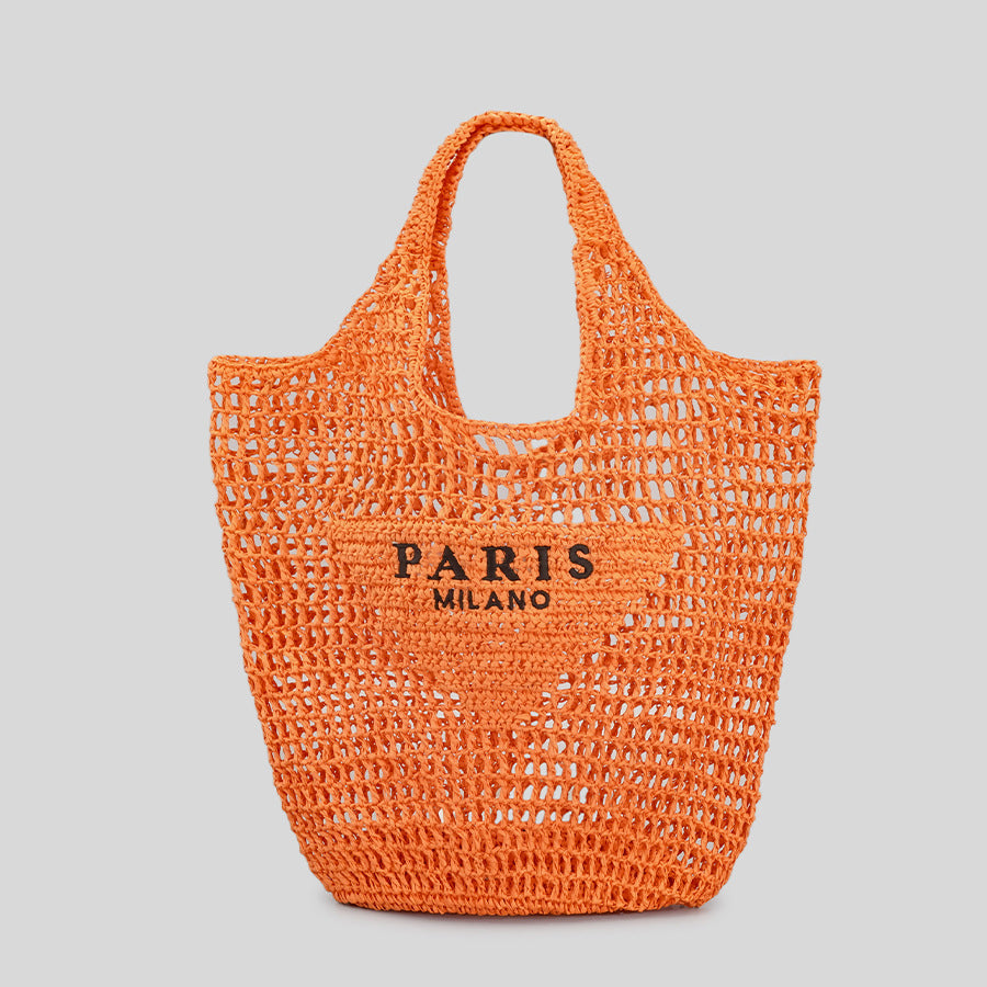 Woven tote bag with 'Paris Milano' text on a light gray background