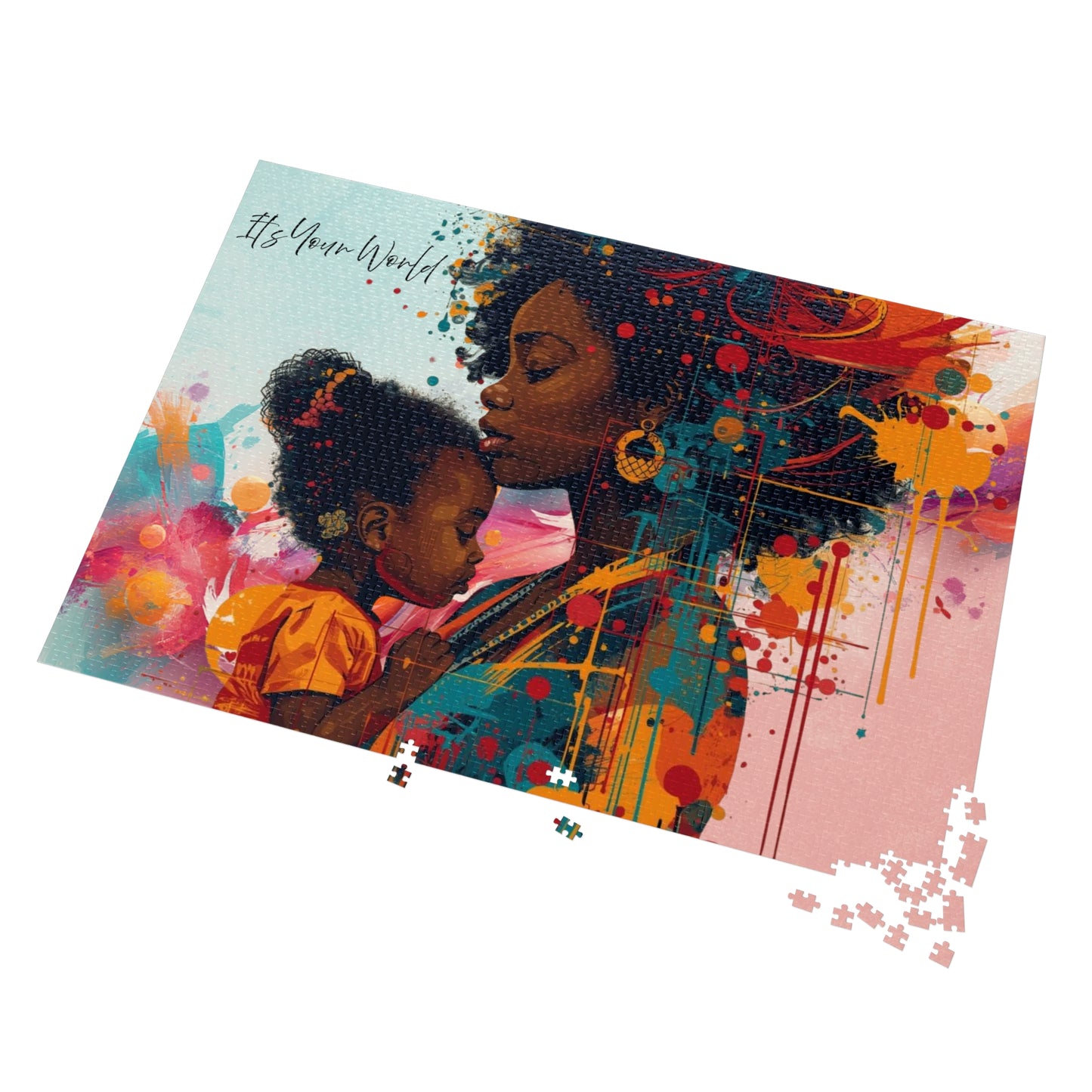 Colorful puzzle with an illustration of a woman and child, partially completed.
