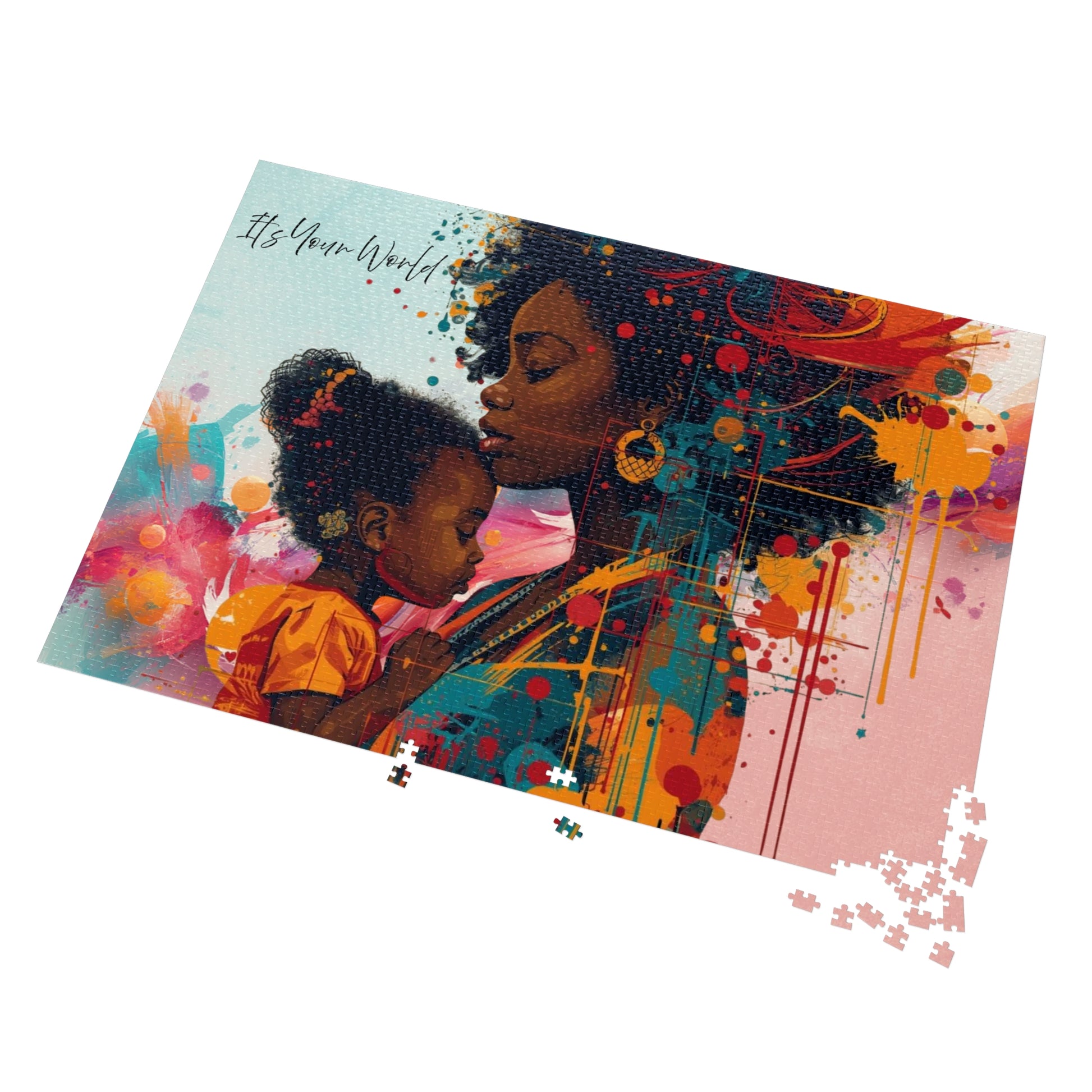 Colorful puzzle with an illustration of a woman and child, partially completed.