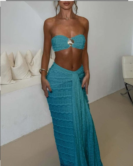 Lace jacquard two‑piece beach set with cropped top and matching skirt