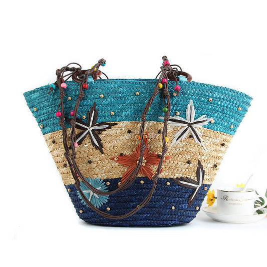 Women's Starfish Vintage Beach Straw Tote Bag