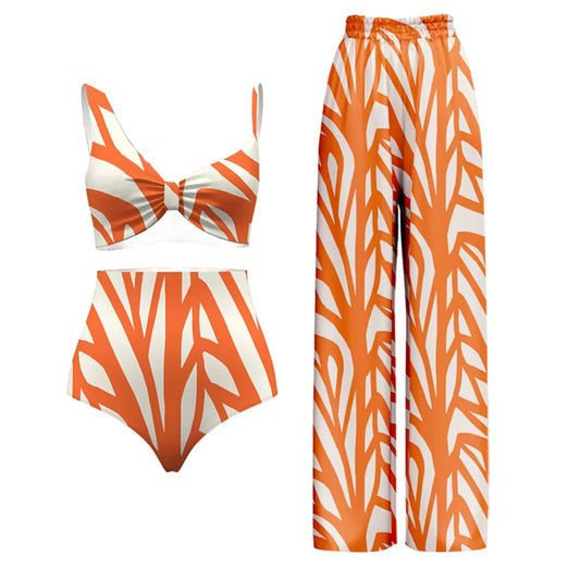 Orange Cream Stripe Printed Beachwear