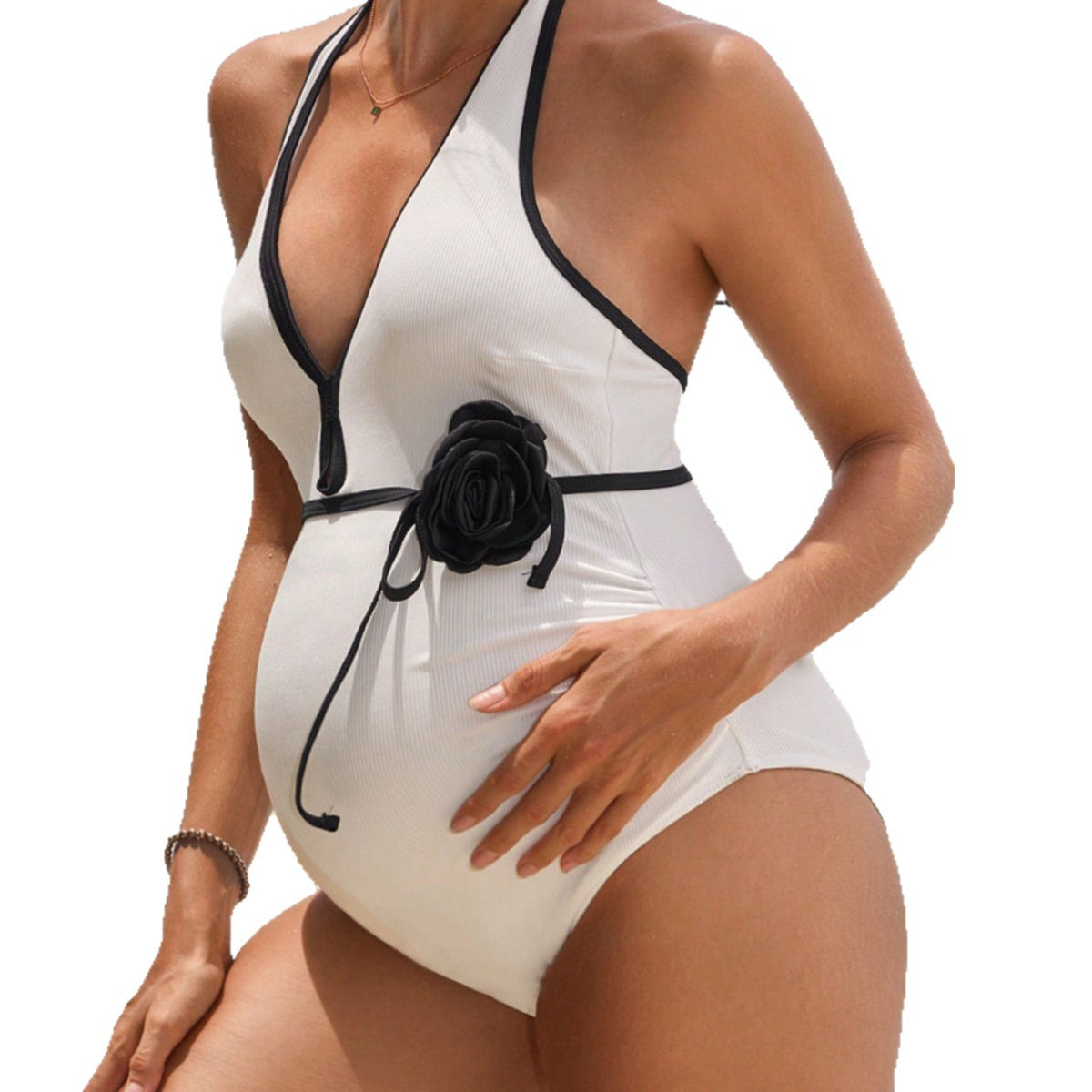 Solid Color High-End 3D Flower Slimming Coverage One-Piece Maternity Swimwear for Women
