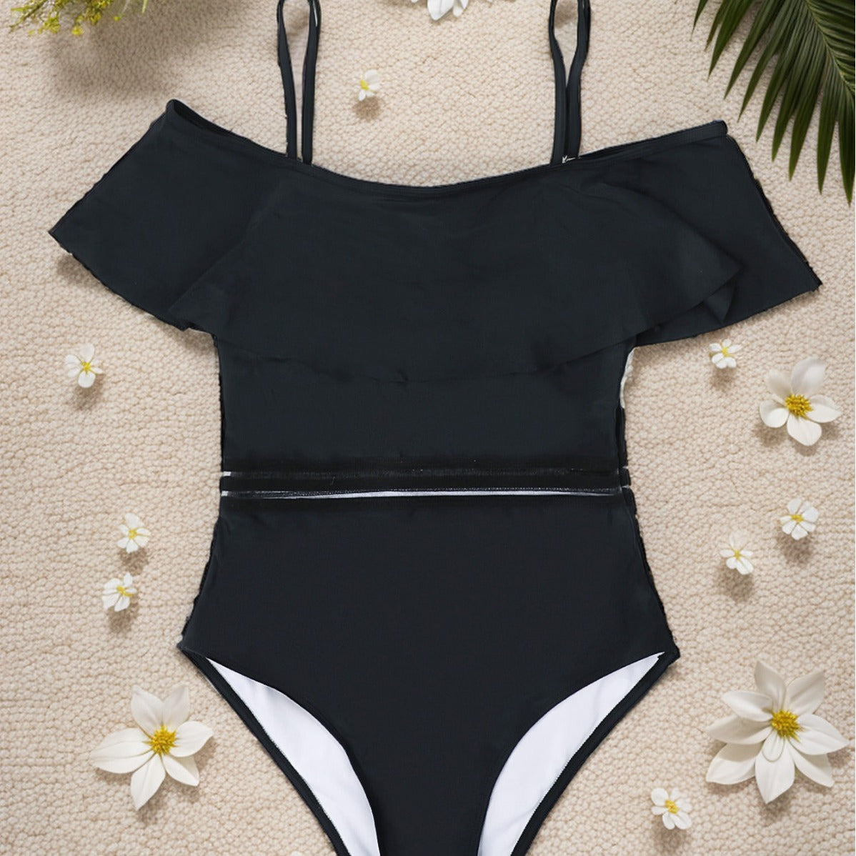 Women’s off‑the‑shoulder one‑piece swimsuit — ruched bodice, short sleeves, flattering fit.