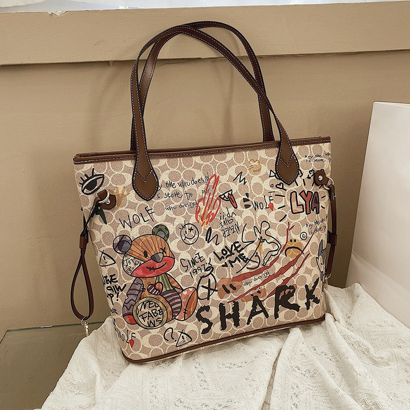 Women's Cartoon Bear Soft Leather Graffiti Tote Bag Large Shoulder Handbag