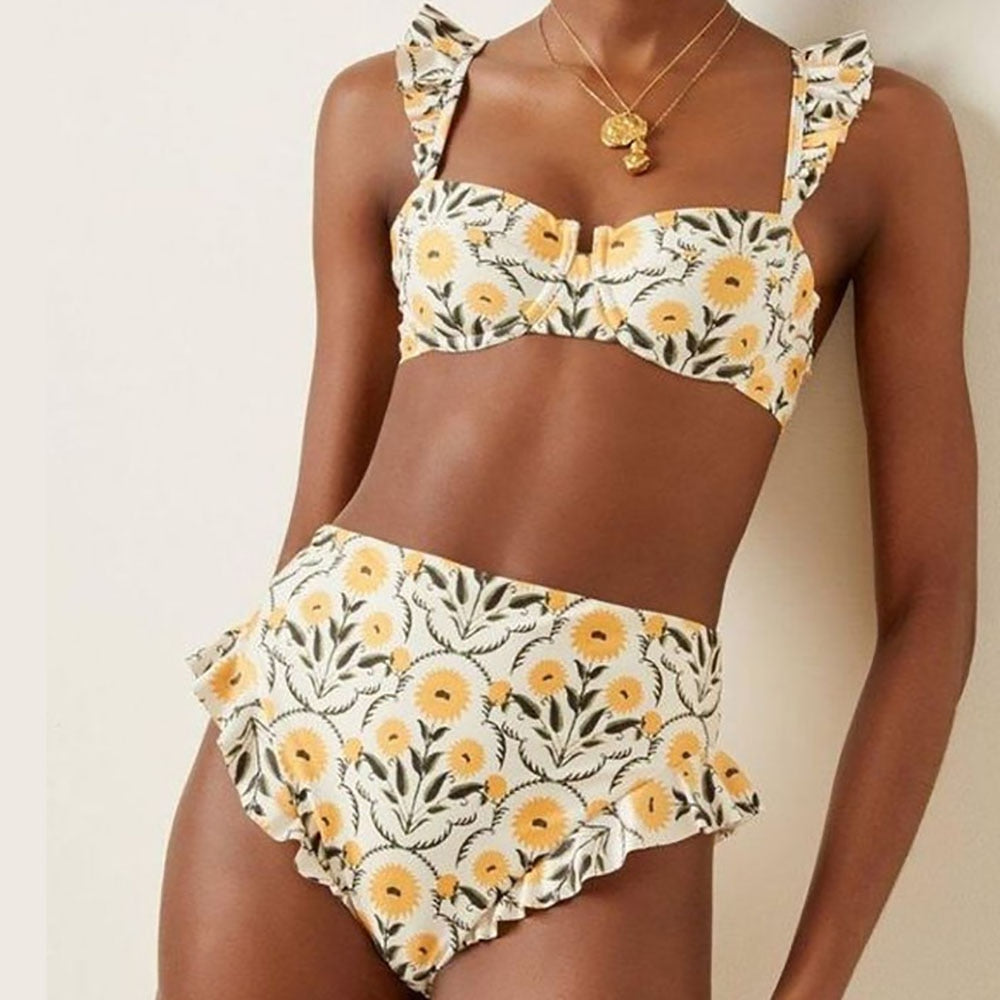 Yellow floral swimsuit sold at PeachyBeanz.
