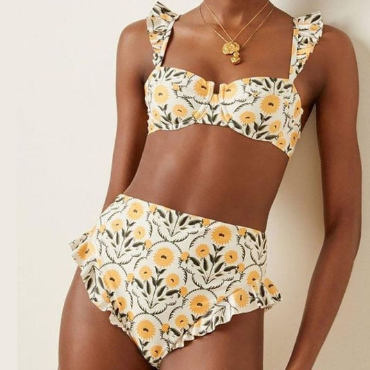 Yellow floral swimsuit sold at PeachyBeanz.