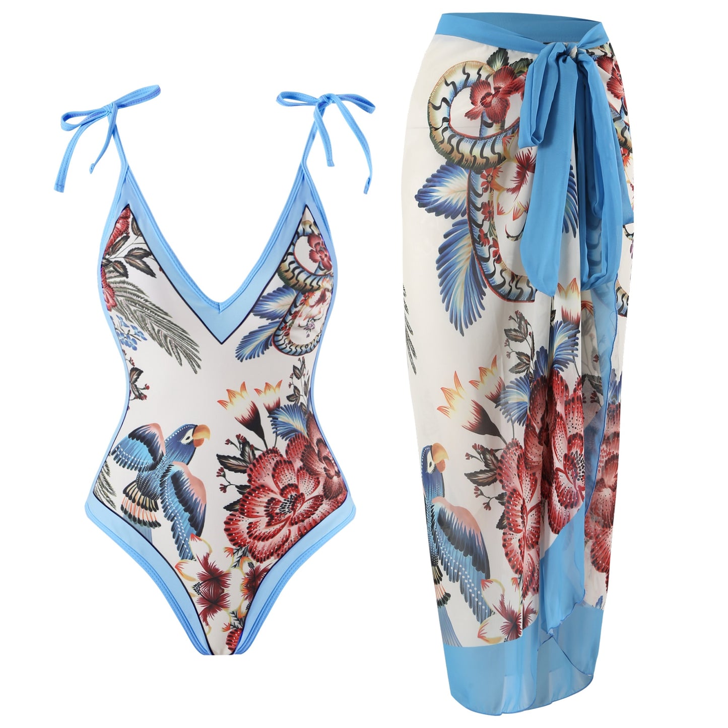 Tropical floral two‑piece bikini with adjustable straps and high‑waist bottom.