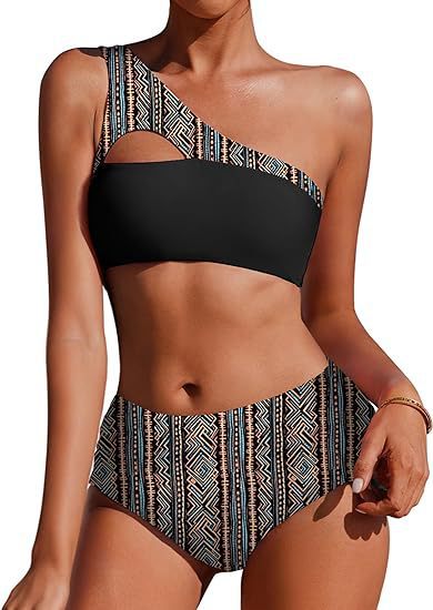 Two-piece high-waisted bikini with single-shoulder top in fragmented striped print.