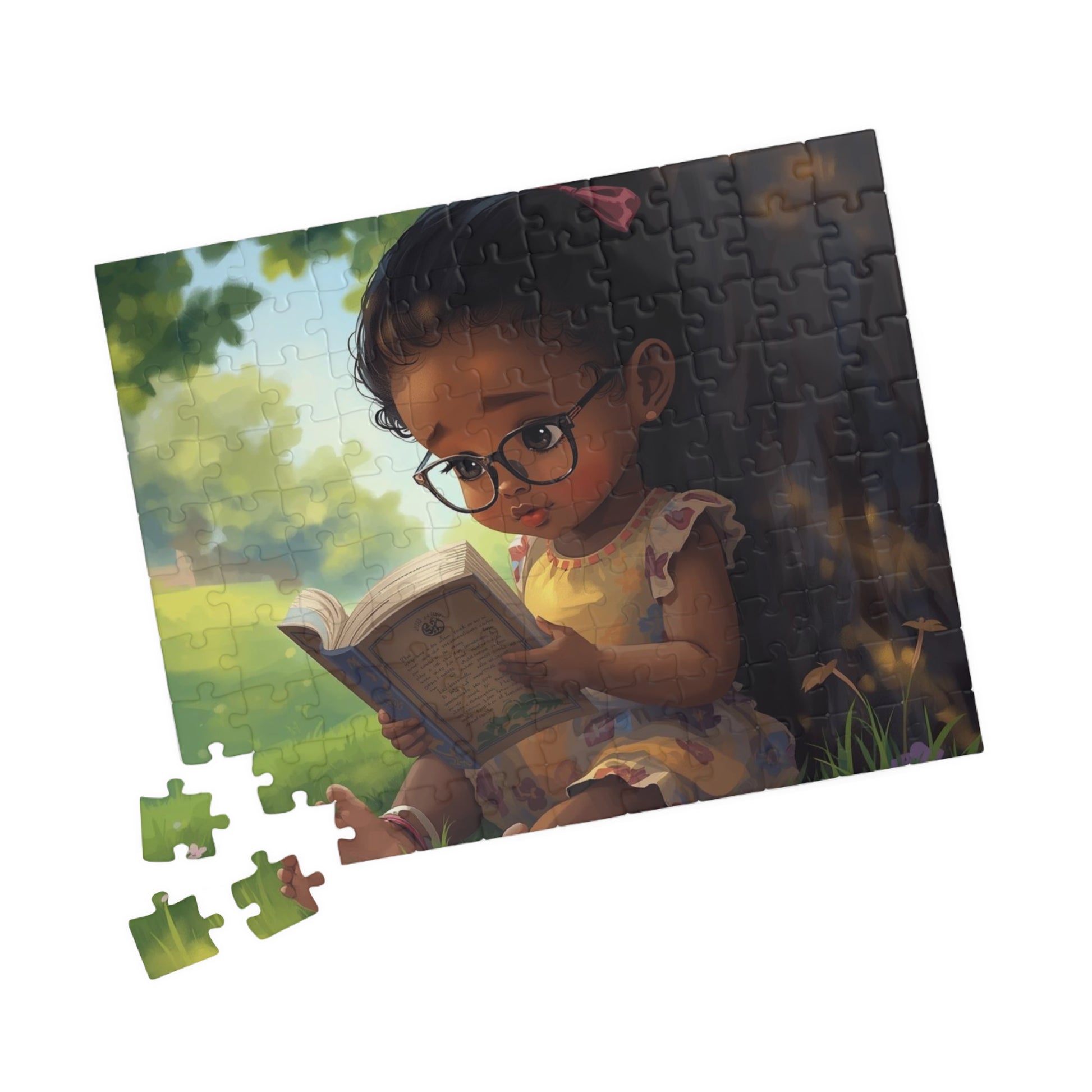 Jigsaw puzzle of a child reading a book in a garden