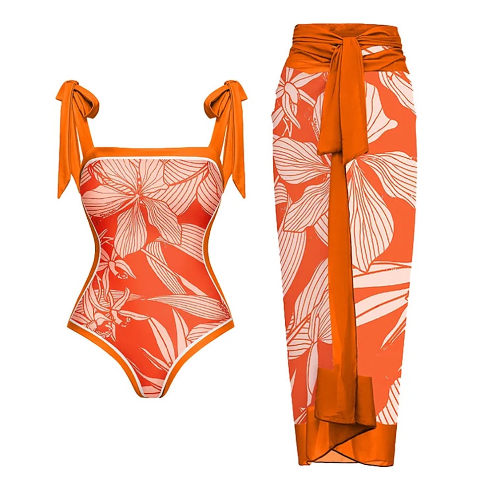 Women’s orange colorblock one‑piece swimsuit with bowknot shoulder straps and matching skirt cover‑up — lightweight beachwear.