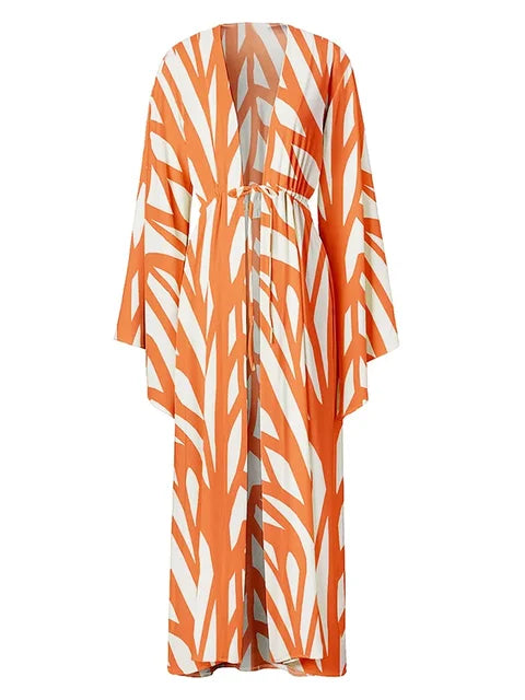 Orange Cream Stripe Printed Beachwear