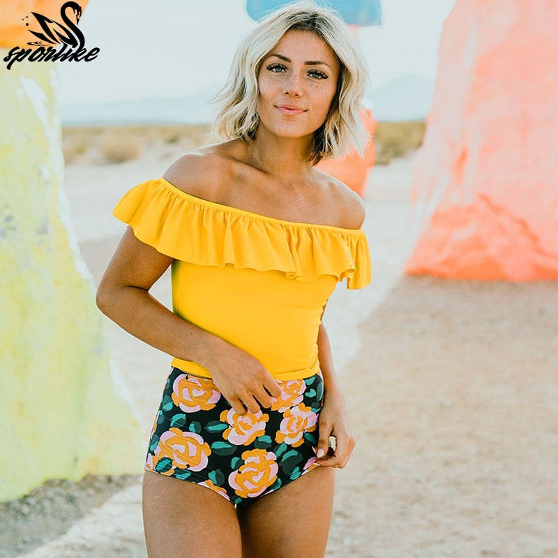 Sunshine Ruffle Off-Shoulder Bathing Suit Beach Wear