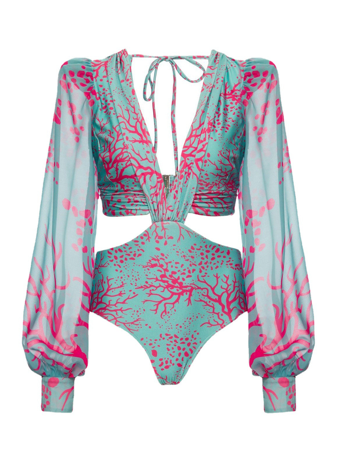 Long‑sleeve printed women’s swimsuit; fitted one‑piece with full sleeves, contoured bust, and vibrant all‑over print for pool and beach.