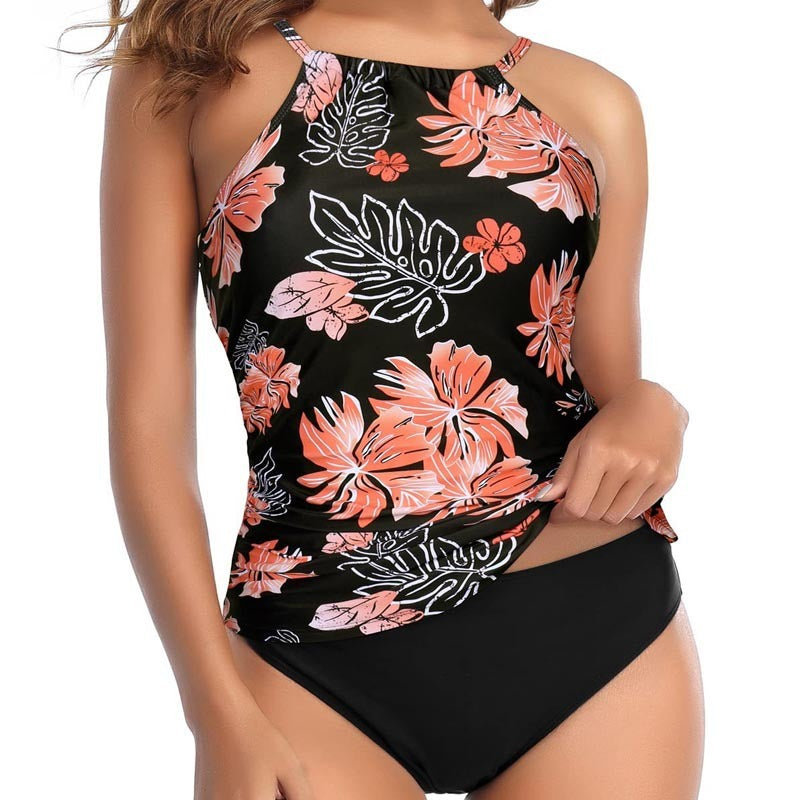 Woman wearing a multi-colored design swimsuit against a white background.