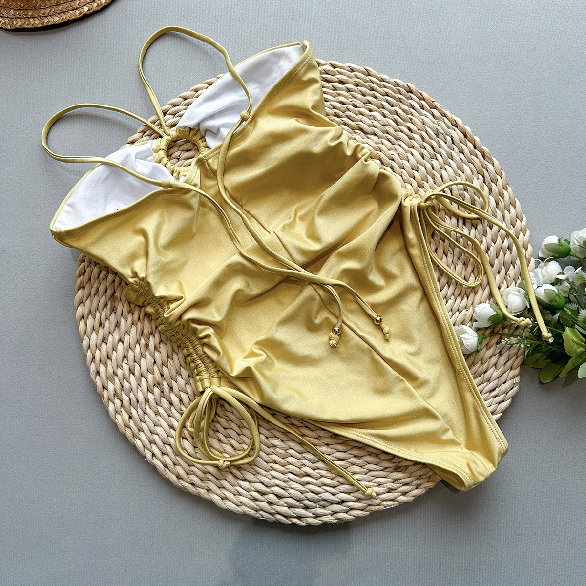 Slim Maddie one‑piece swimsuit in solid C4167 Yellow; nylon‑spandex fabric with padded bra (no steel ring), no underwire, highly stretchy—ideal for fitness, body shaping, hiking, and water sports. 