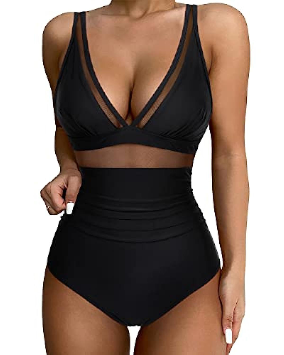 High‑waisted one‑piece swimsuit with mesh detailing, displayed on a clean studio background.
