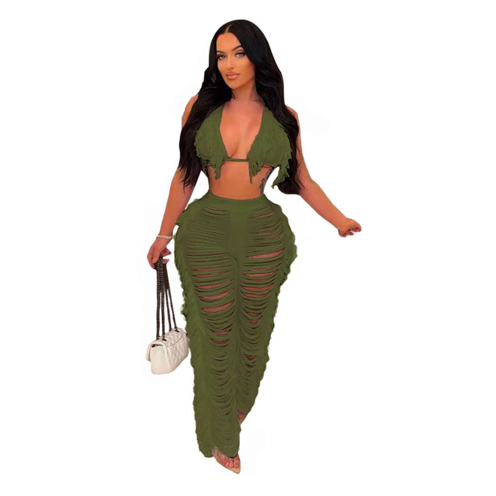 Frilly Knit Fringe Beach Cover-up Set