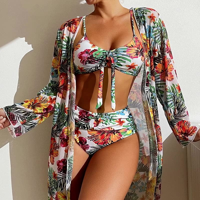 Long sleeve printed cover up with matching bikini and skirt; breezy beach set.