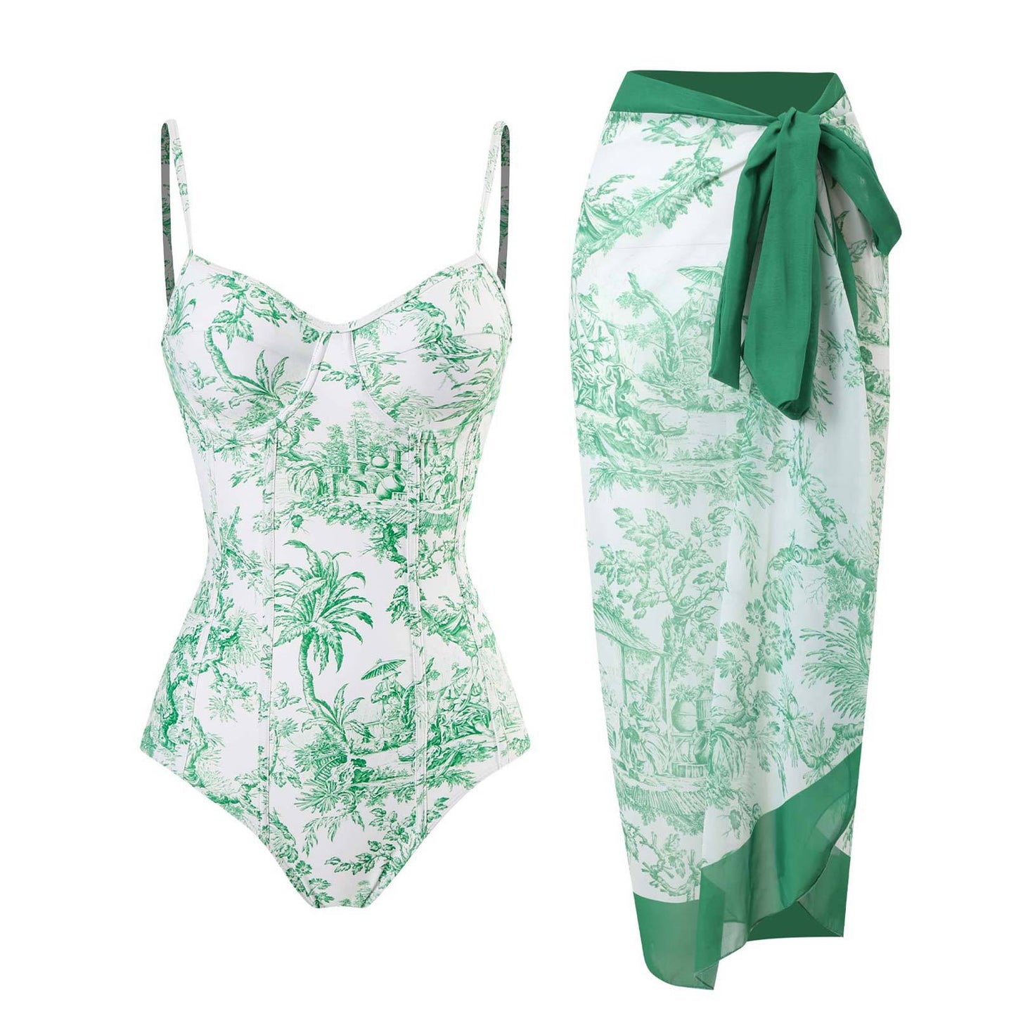 Emerald bikini set with jungle design on a white background