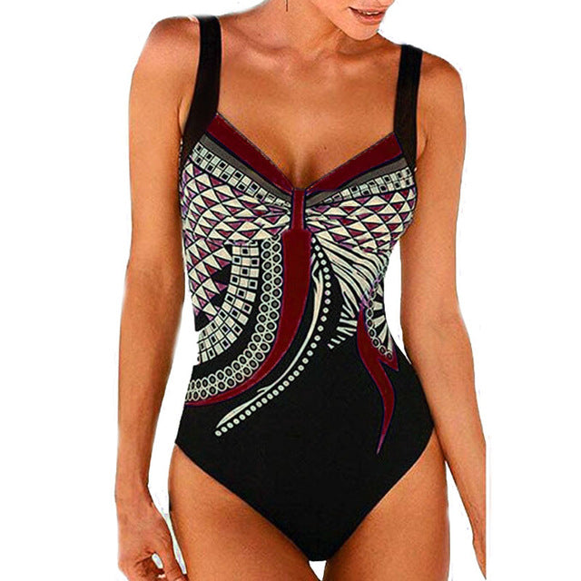 Vintage‑style push‑up printed swimsuit for women made of polyester and spandex, displayed on a plain background.
