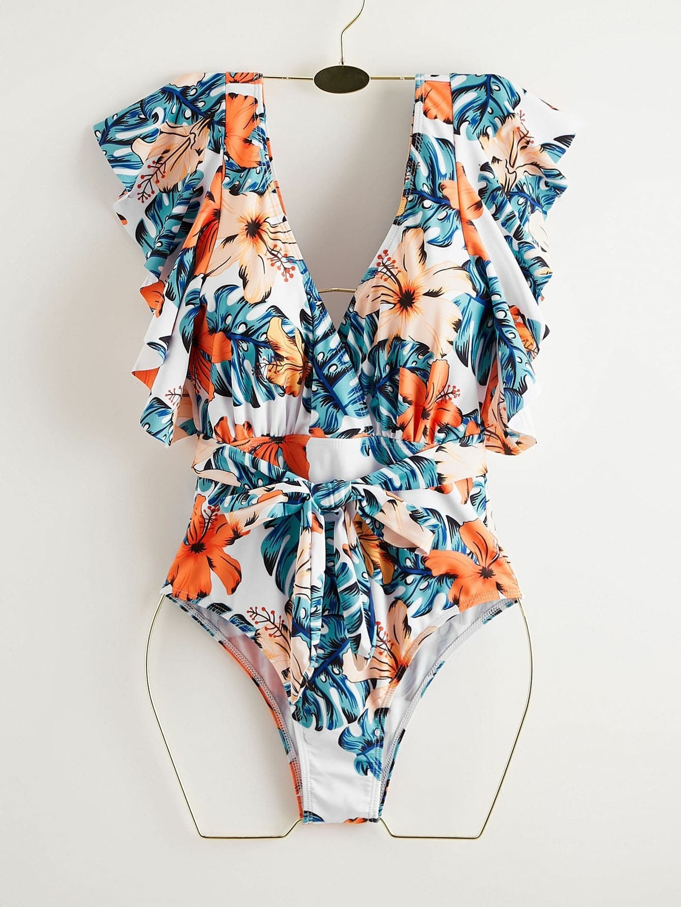 Backless short‑sleeve one‑piece swimsuit with fragmented flowers print; polyester shell 82% polyester fiber, 100% polyester lining, chest pad without steel support, quick‑drying, highly elastic, widened and thickened panels, ideal for fitness, cycling, and water sports.