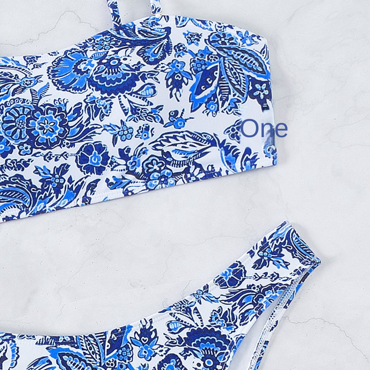 Gorgeous blue and white patterned two-piece bikini
