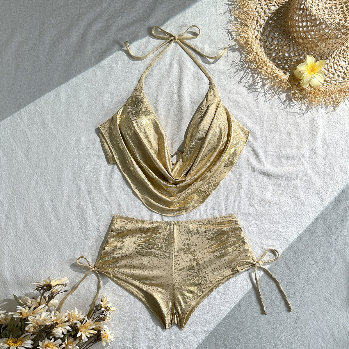 Gold Foil Off-Shoulder Two-Piece Bikini Swimwear Set for Women