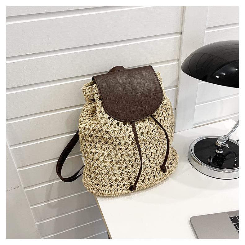 Brown woven backpack in a kitchen setting sold at PeachyBeanz