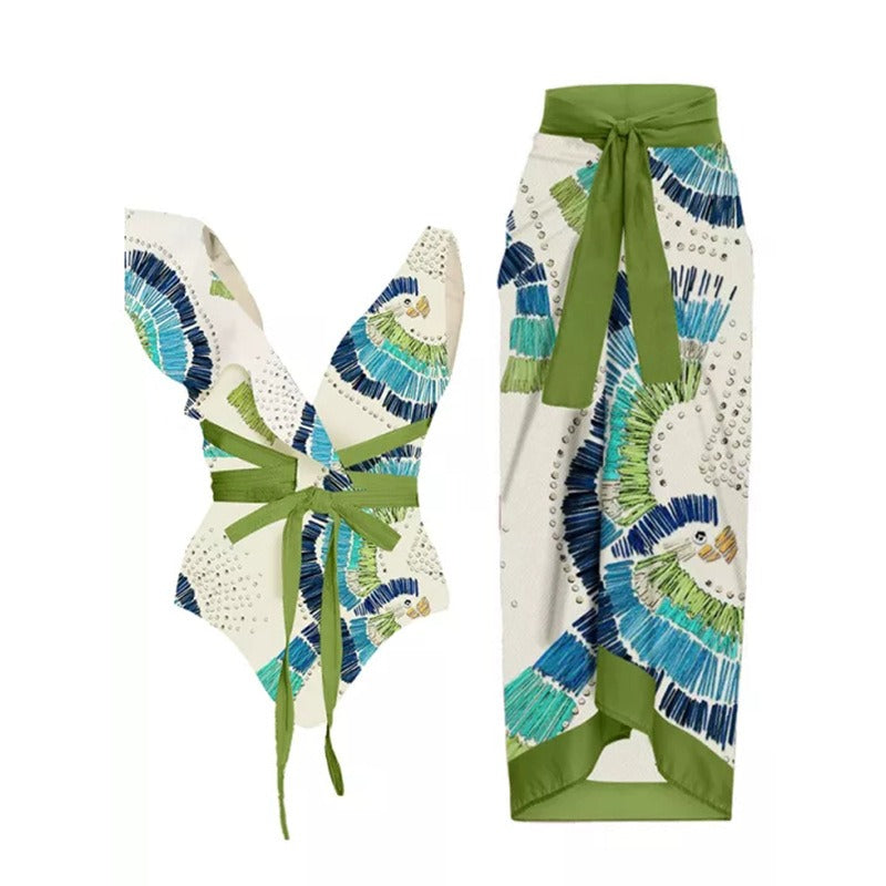 Green Crushed Flowers two‑piece swimsuit set with high‑elastic breathable fabric.