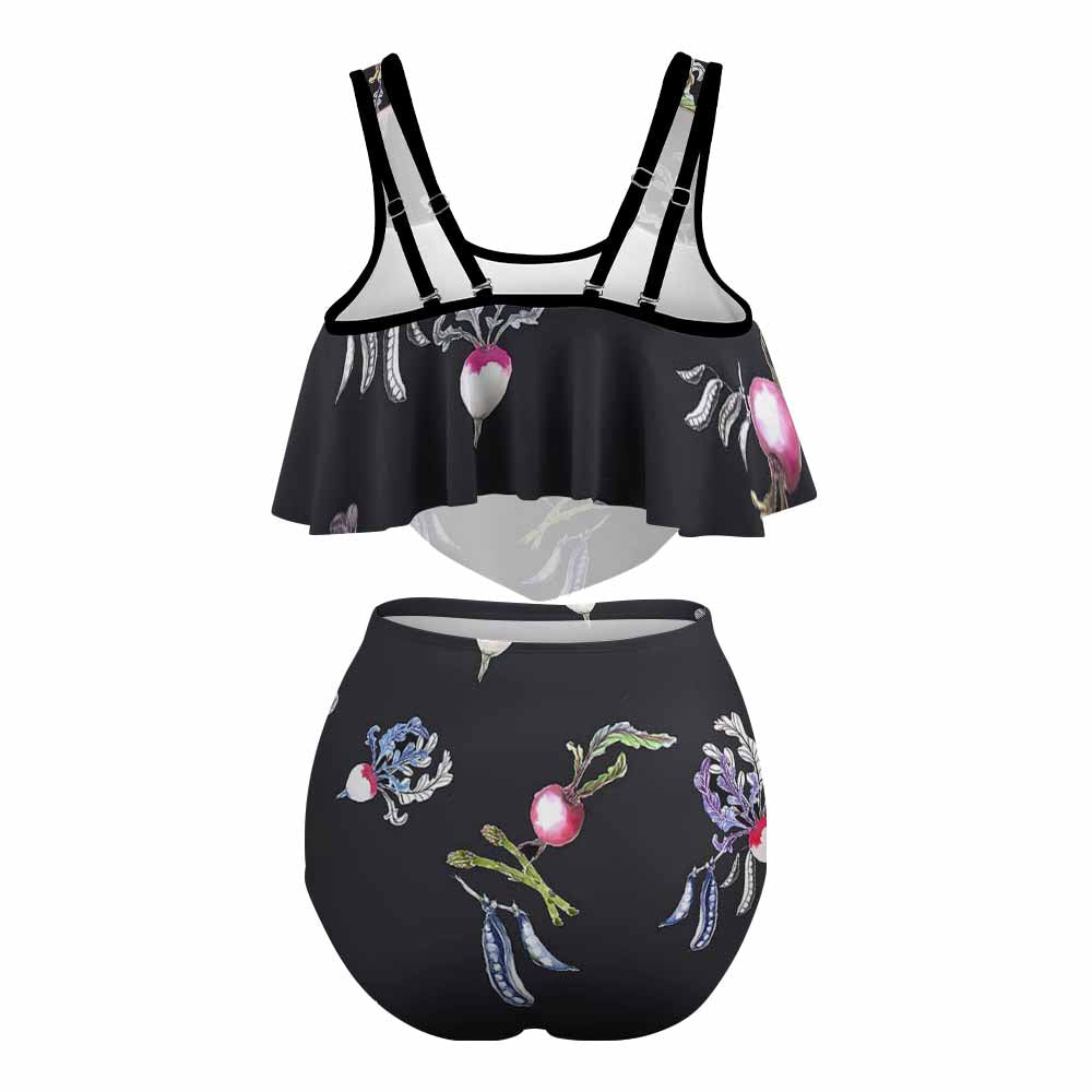 Two‑piece floral and black ladies bikini swimsuit with adjustable straps displayed on a white background.