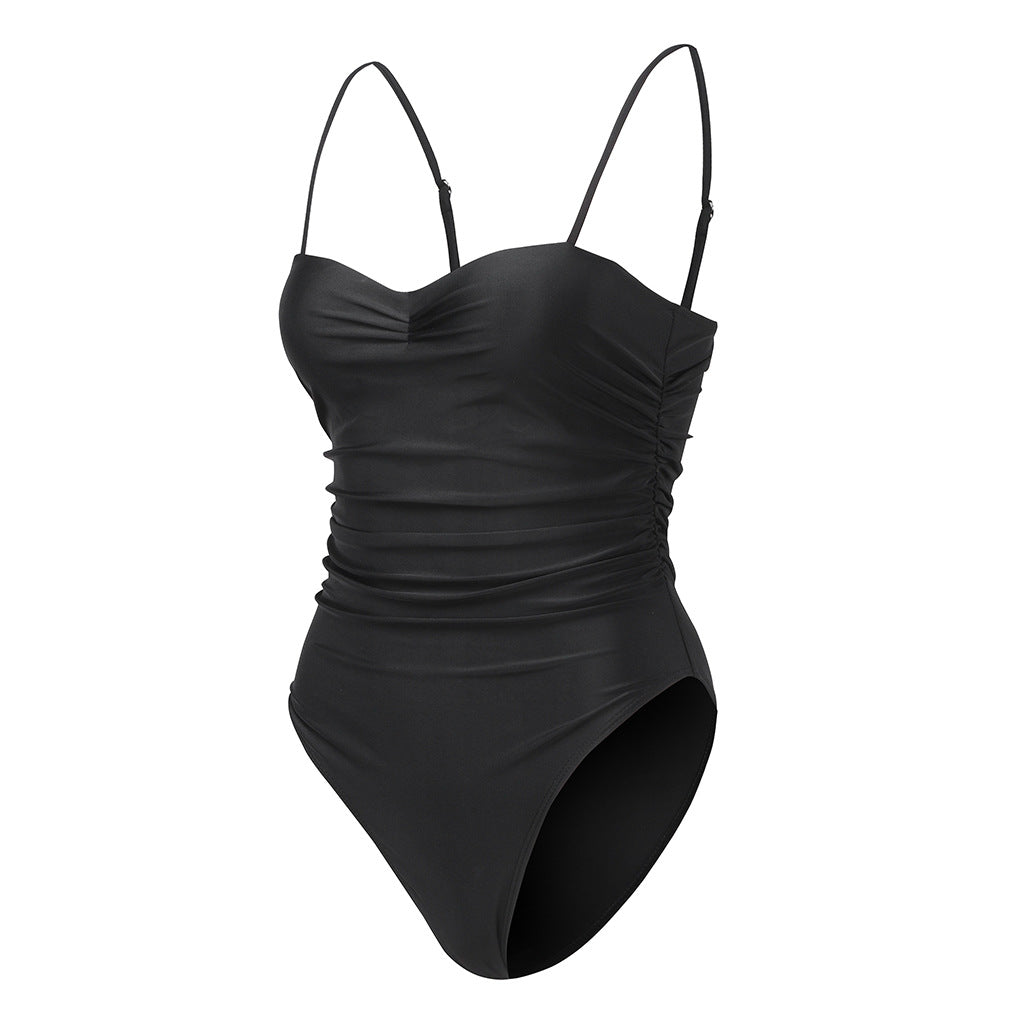 Beach Girly one‑piece scrunch front swimsuit in solid and colorful prints; flattering gathered front, available in S–L, $28.99, multiple color variants.