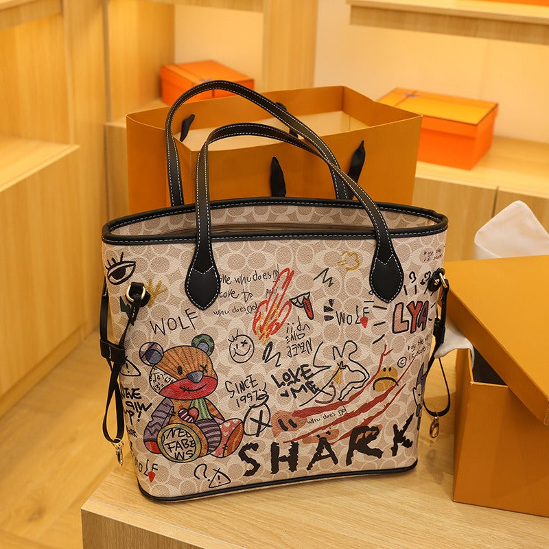 Women's Cartoon Bear Soft Leather Graffiti Tote Bag Large Shoulder Handbag