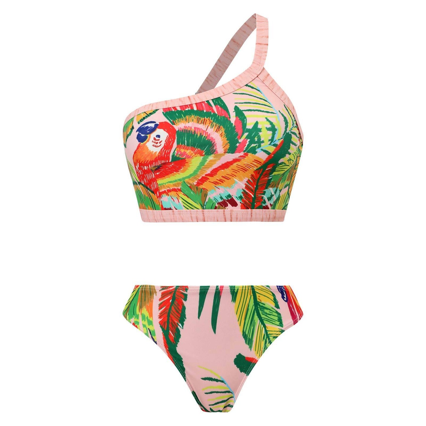 Tropical One Shoulder Bikini Wrap Skirt Set