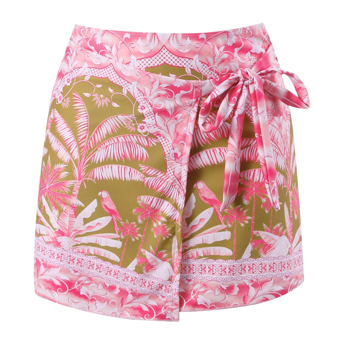 Coral bikini skirt with floral pattern on a white background