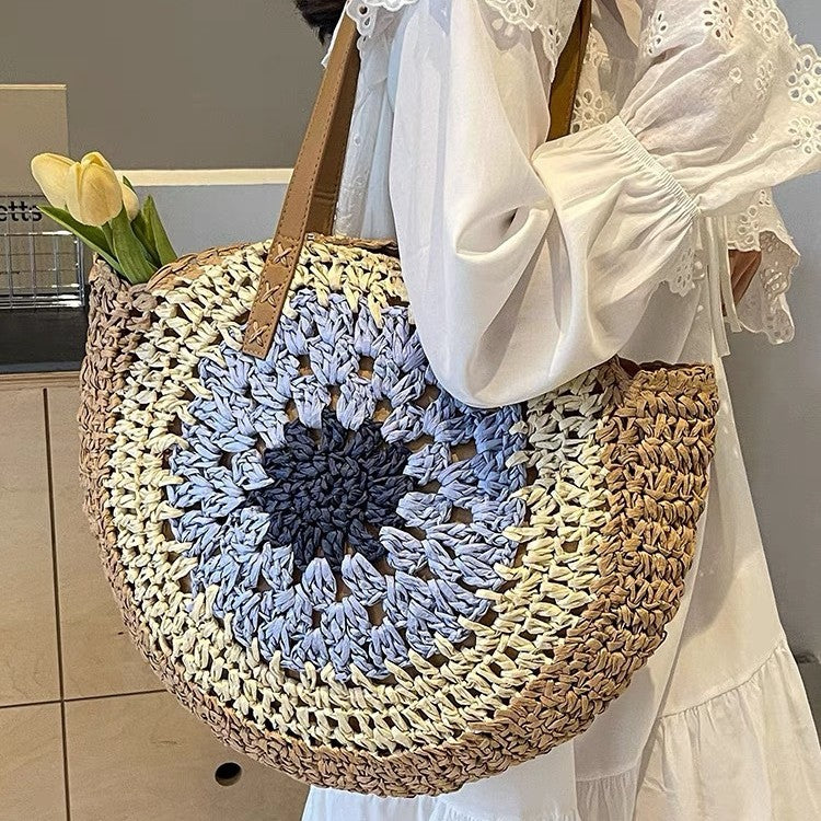 Women's Round Rope Hollow Beige Woven Casual Beach Shoulder Fashionable Bag