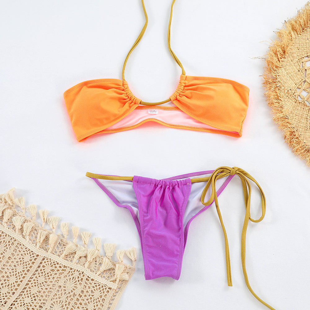 "Juicy" Nylon Shiny Color Block Strap Bikini Women