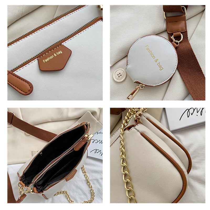 White handbag with a gold chain strap in an indoor setting sold at PeachyBeanz.