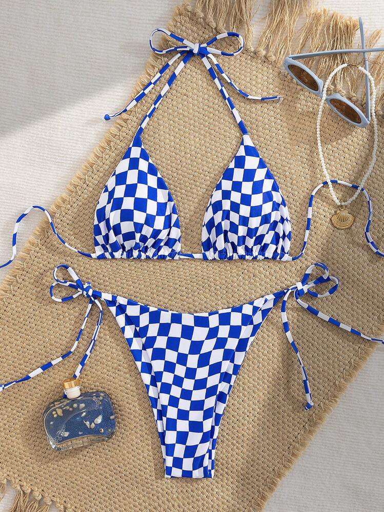 Checkered Lace-up Split Bikini swimsuit
