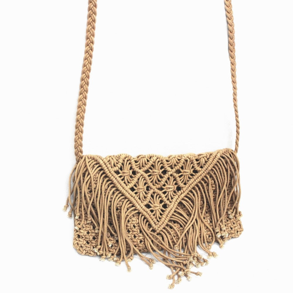 Woven handbag against a white background