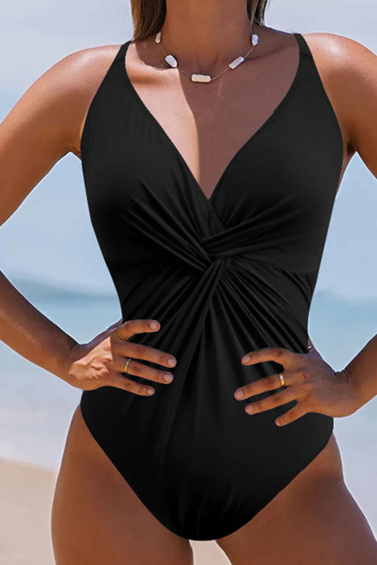 Beautiful Black Butterfly Crisscross V‑Neck One‑Piece Swimwear.