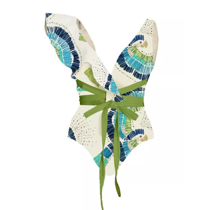 Green Crushed Flowers two‑piece swimsuit set with high‑elastic breathable fabric.