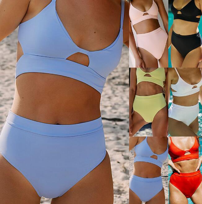 Low‑waist terylene bikinis set in solid color; two‑piece swimwear with flattering low‑rise bottoms and supportive top, quick‑drying and durable for beach and pool wear.