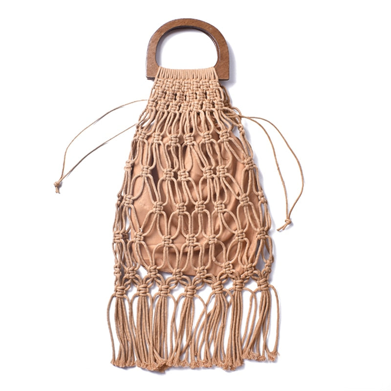 Brown woven handbag with wooden handles.