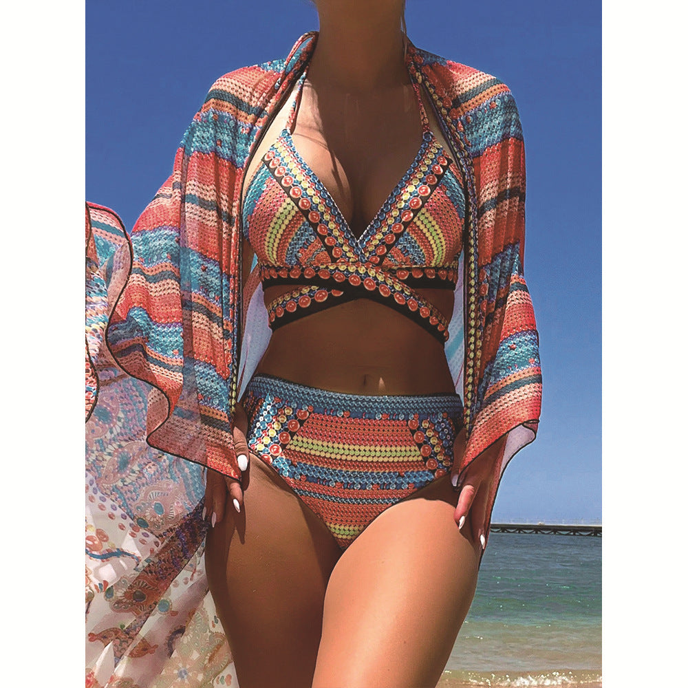 Woman wearing a colorful swimsuit sold at PeachyBeach.